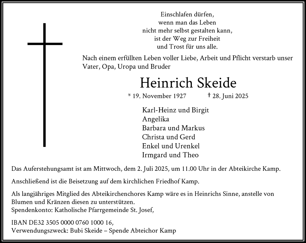  Traueranzeige für Heinrich Skeide vom 01.07.2025 aus Rheinische Post