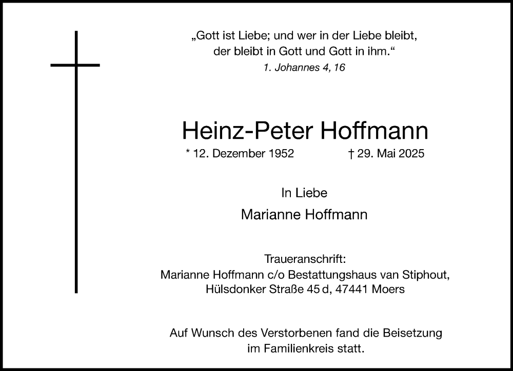  Traueranzeige für Heinz-Peter Hoffmann vom 07.06.2025 aus Rheinische Post
