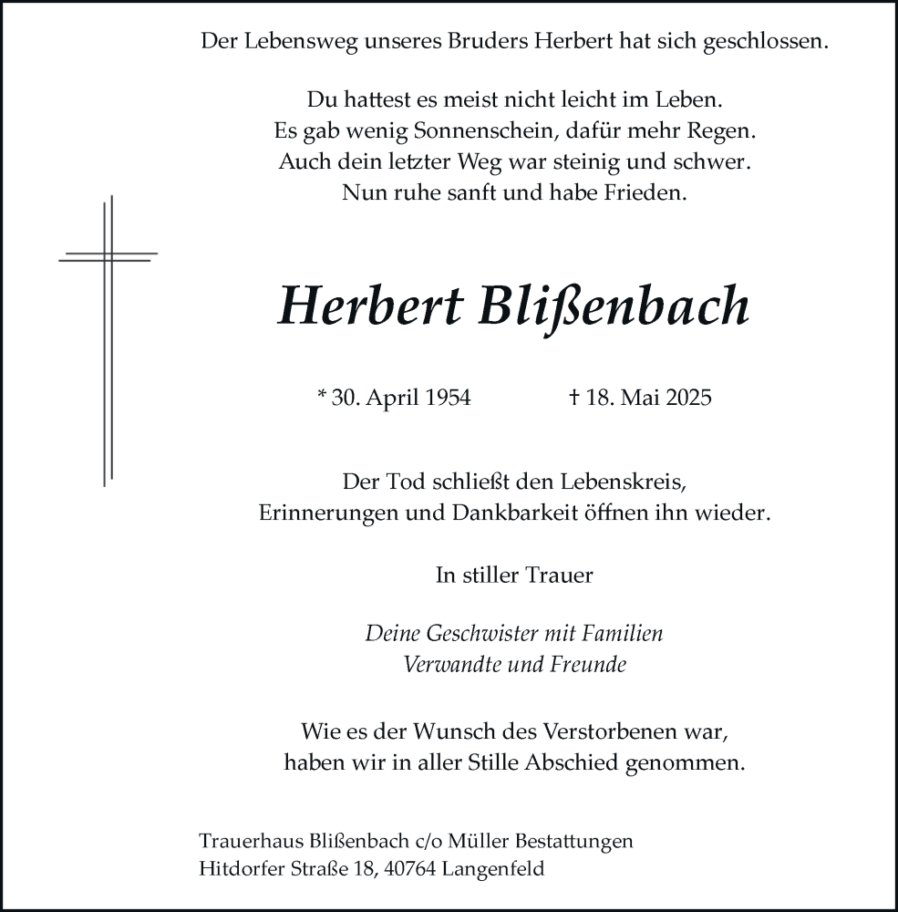  Traueranzeige für Herbert Blißenbach vom 21.06.2025 aus Rheinische Post