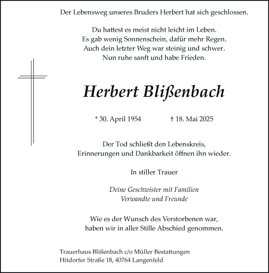 Traueranzeige von Herbert Blißenbach von Rheinische Post