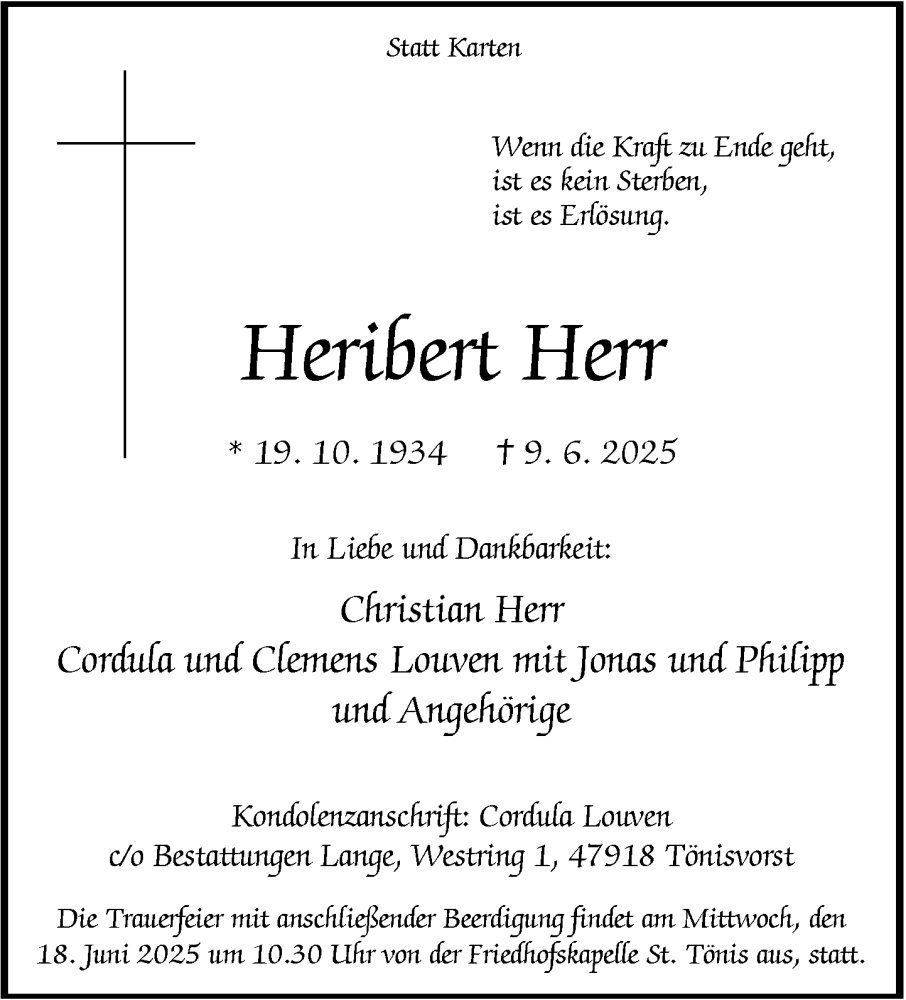  Traueranzeige für Heribert Herr vom 14.06.2025 aus Rheinische Post