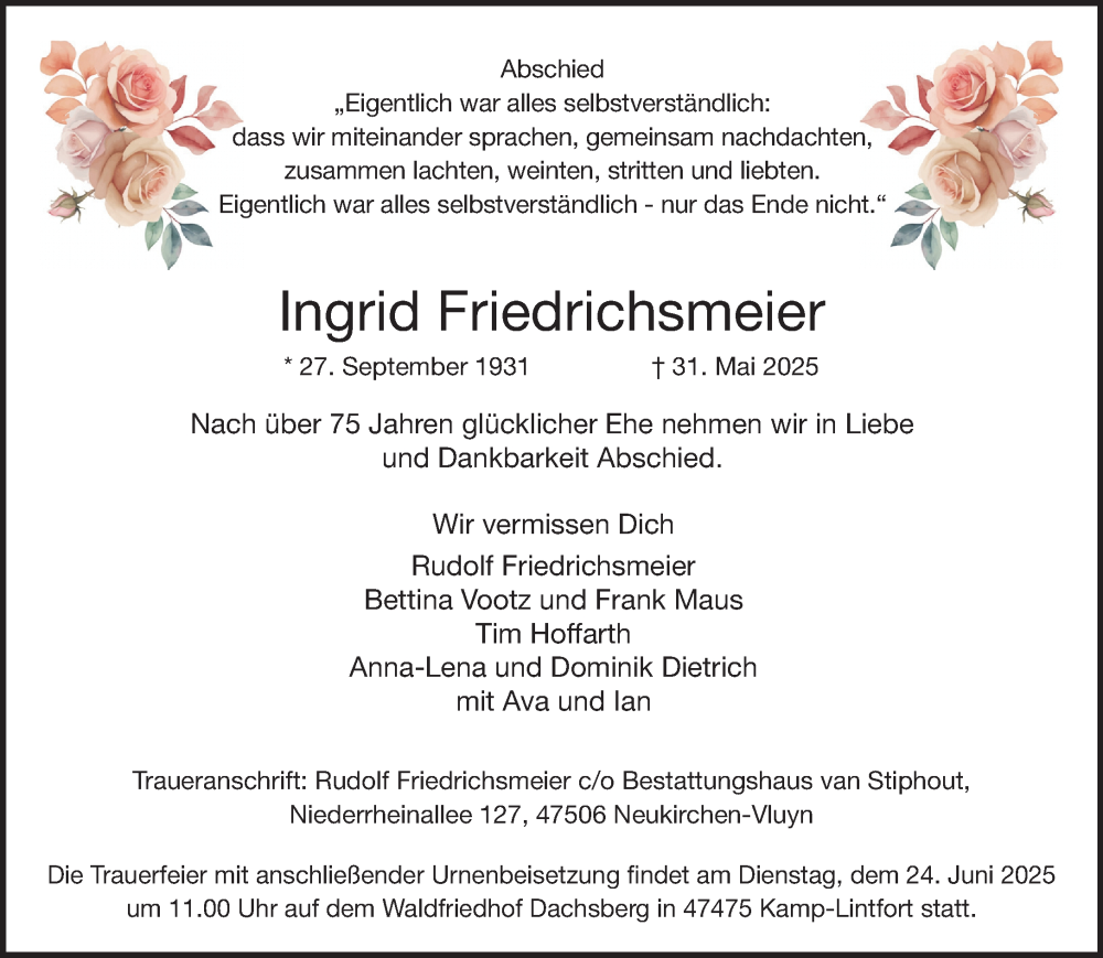  Traueranzeige für Ingrid Friedrichsmeier vom 12.06.2025 aus Rheinische Post
