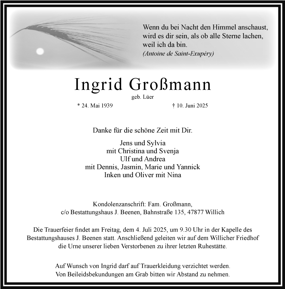  Traueranzeige für Ingrid Großmann vom 28.06.2025 aus Rheinische Post