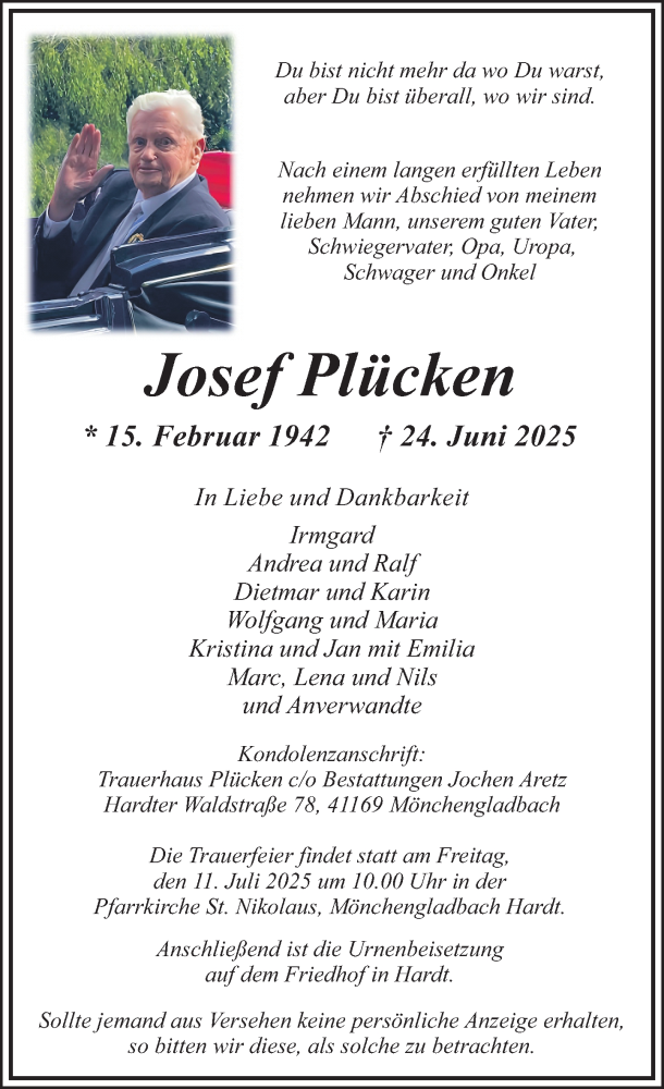  Traueranzeige für Josef Plücken vom 28.06.2025 aus Rheinische Post