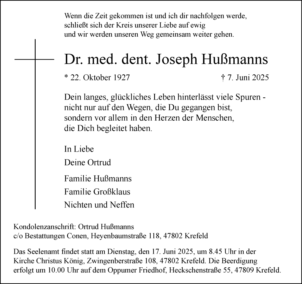  Traueranzeige für Joseph Hußmanns vom 14.06.2025 aus Rheinische Post