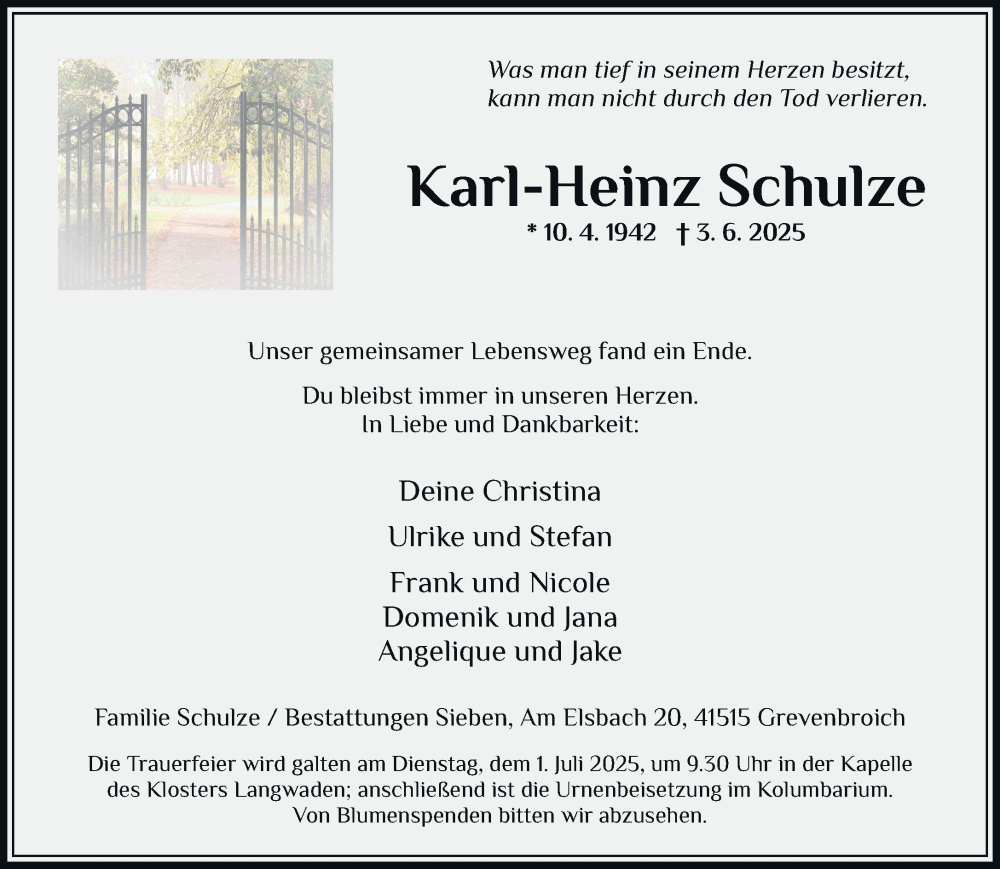  Traueranzeige für Karl-Heinz Schulze vom 21.06.2025 aus Rheinische Post