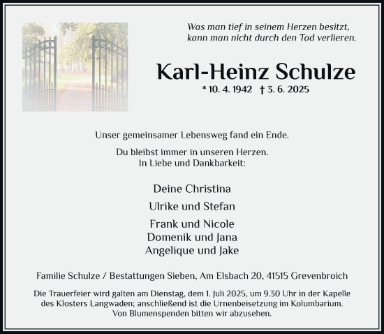 Traueranzeige von Karl-Heinz Schulze von Rheinische Post