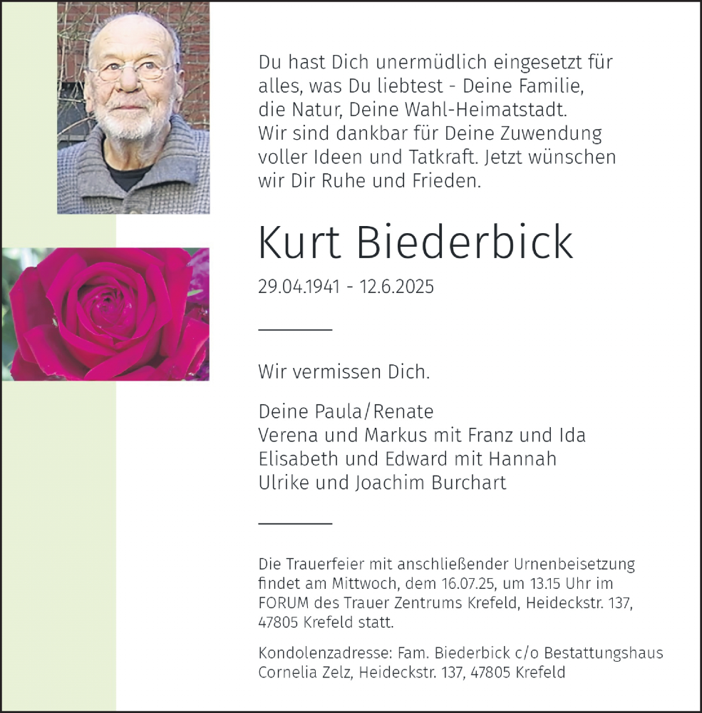  Traueranzeige für Kurt Biederbick vom 28.06.2025 aus Rheinische Post