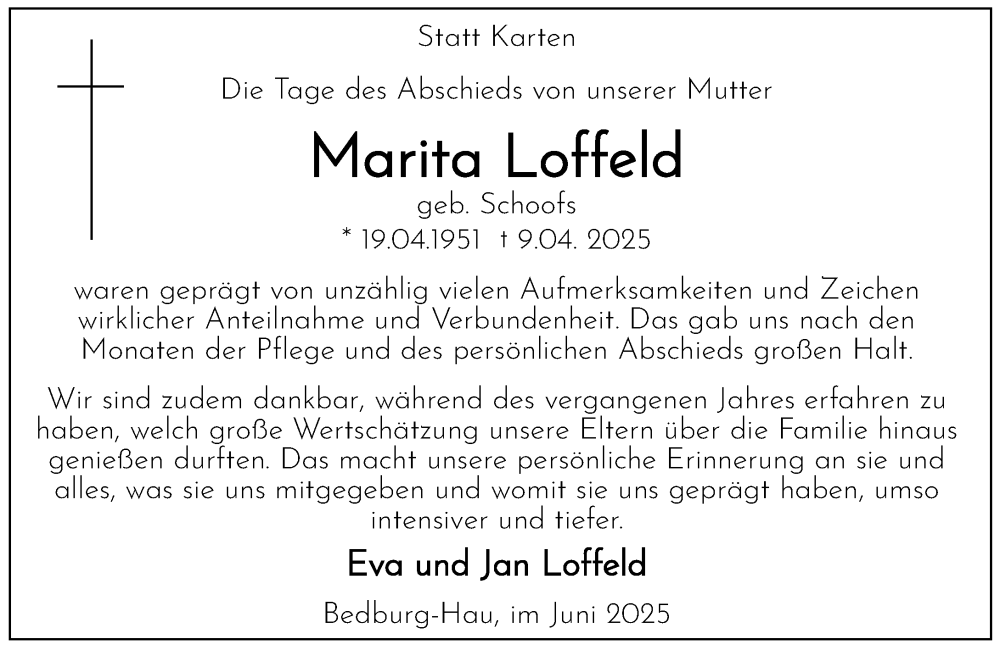  Traueranzeige für Marita Loffeld vom 07.06.2025 aus Rheinische Post
