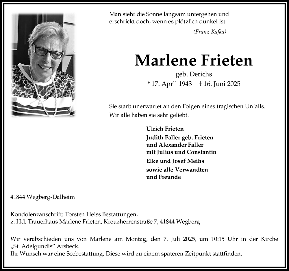  Traueranzeige für Marlene Frieten vom 28.06.2025 aus Rheinische Post