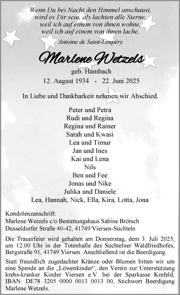  Traueranzeige für Marlene Wetzels vom 28.06.2025 aus Rheinische Post