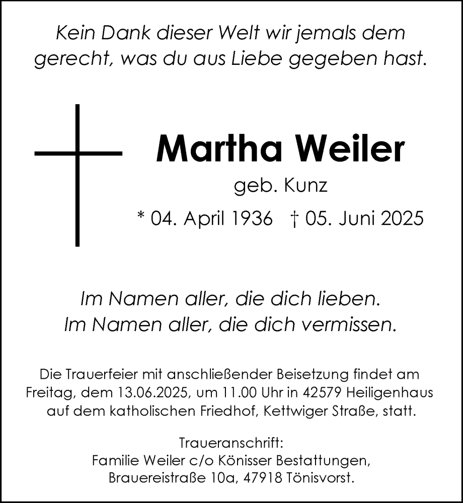  Traueranzeige für Martha Weiler vom 11.06.2025 aus Rheinische Post