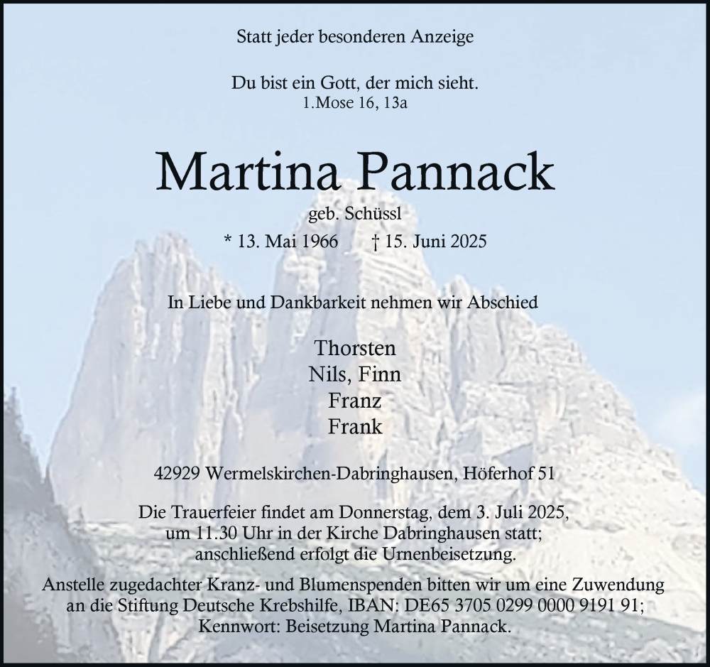  Traueranzeige für Martina Pannack vom 28.06.2025 aus Rheinische Post