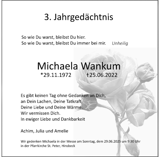 Traueranzeige von Michaela Wankum von Rheinische Post