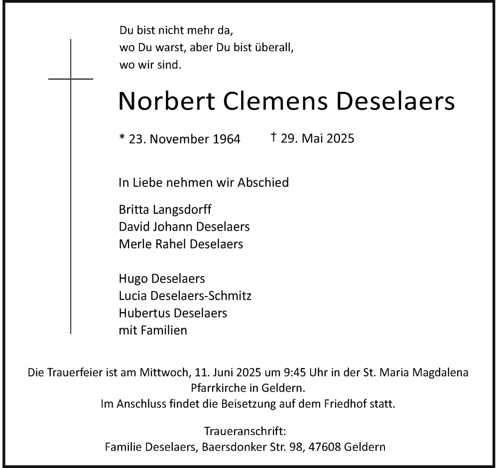  Traueranzeige für Norbert Clemens Deselaers vom 07.06.2025 aus Rheinische Post
