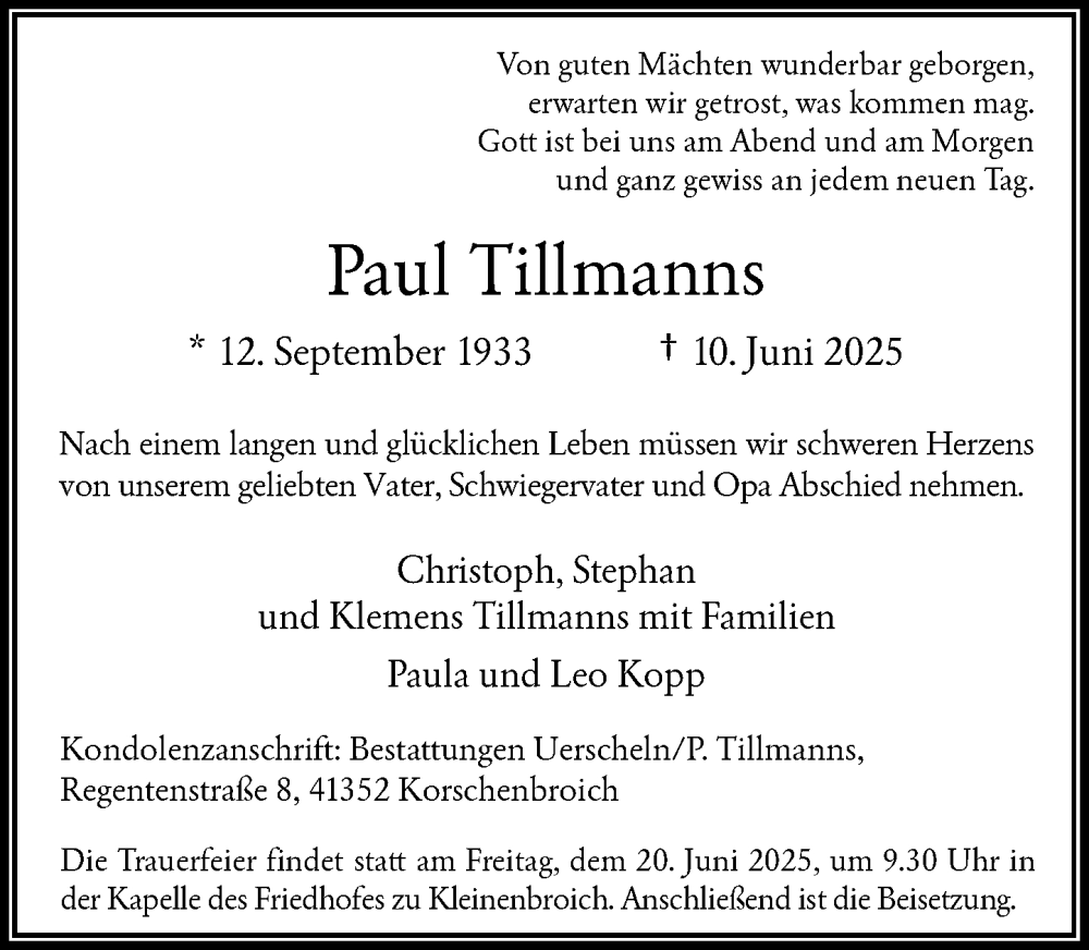  Traueranzeige für Paul Tillmanns vom 14.06.2025 aus Rheinische Post