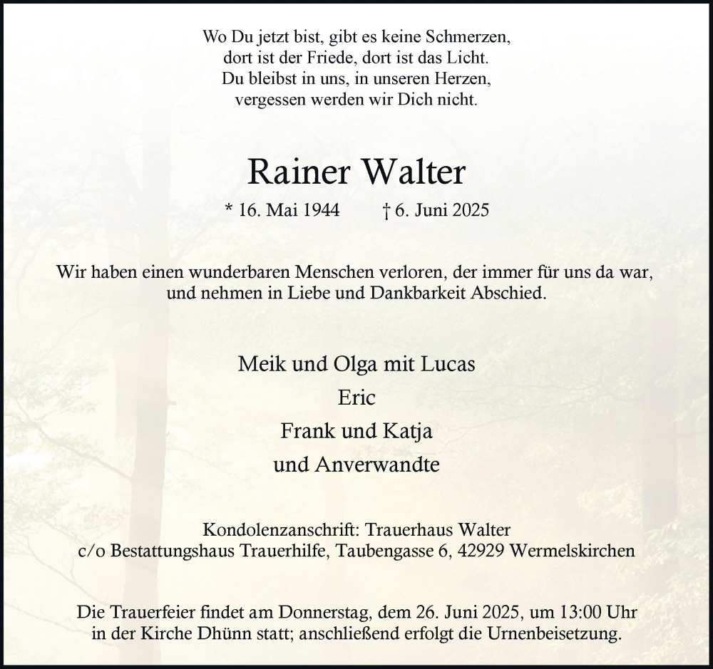  Traueranzeige für Rainer Walter vom 21.06.2025 aus Rheinische Post