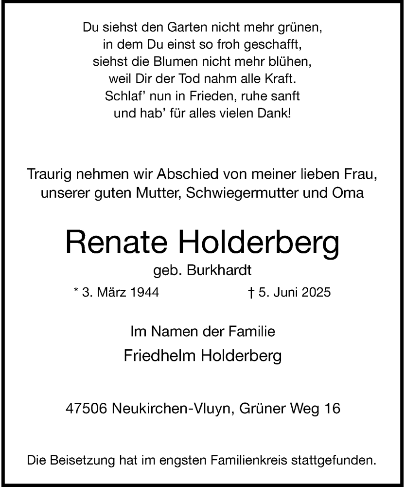  Traueranzeige für Renate Holderberg vom 28.06.2025 aus Rheinische Post