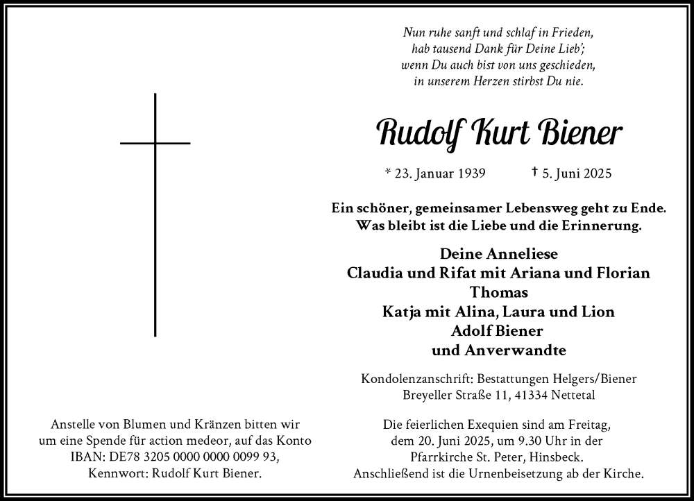  Traueranzeige für Rudolf Kurt Biener vom 14.06.2025 aus Rheinische Post