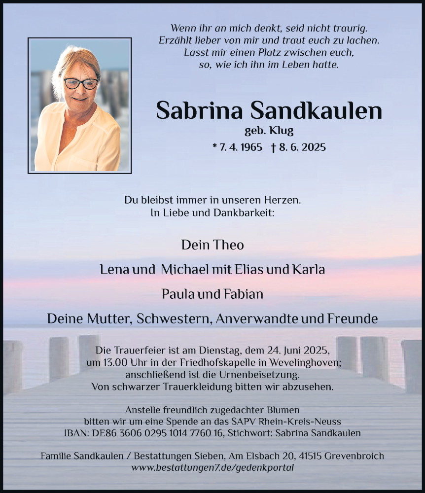  Traueranzeige für Sabrina Sandkaulen vom 14.06.2025 aus Rheinische Post
