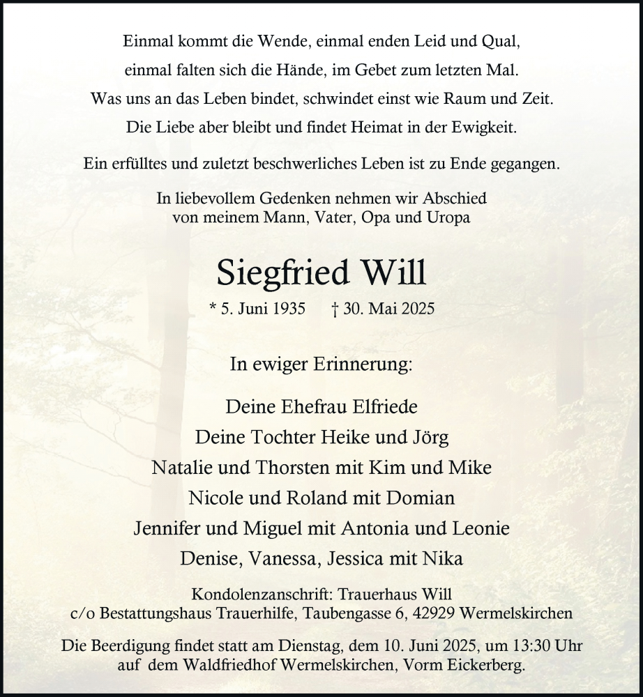  Traueranzeige für Siegfried Will vom 07.06.2025 aus Rheinische Post