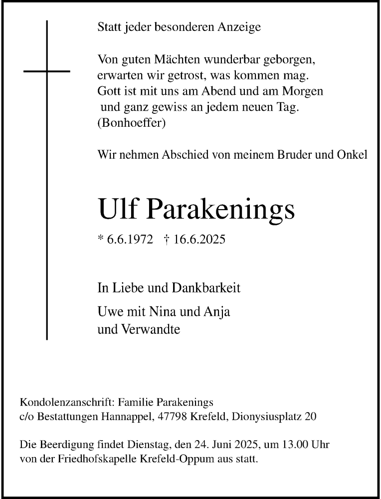  Traueranzeige für Ulf Parakenings vom 21.06.2025 aus Rheinische Post