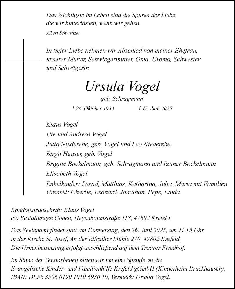  Traueranzeige für Ursula Vogel vom 21.06.2025 aus Rheinische Post