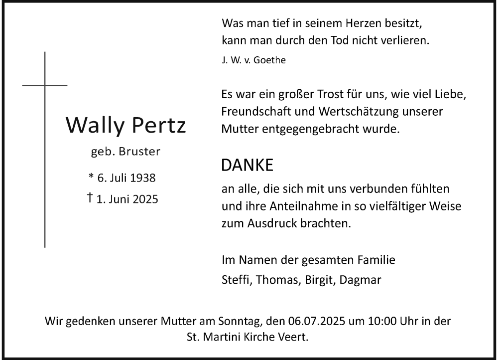  Traueranzeige für Wally Pertz vom 28.06.2025 aus Rheinische Post