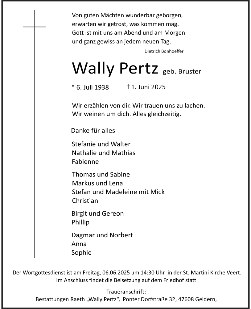  Traueranzeige für Wally Pertz vom 04.06.2025 aus Rheinische Post