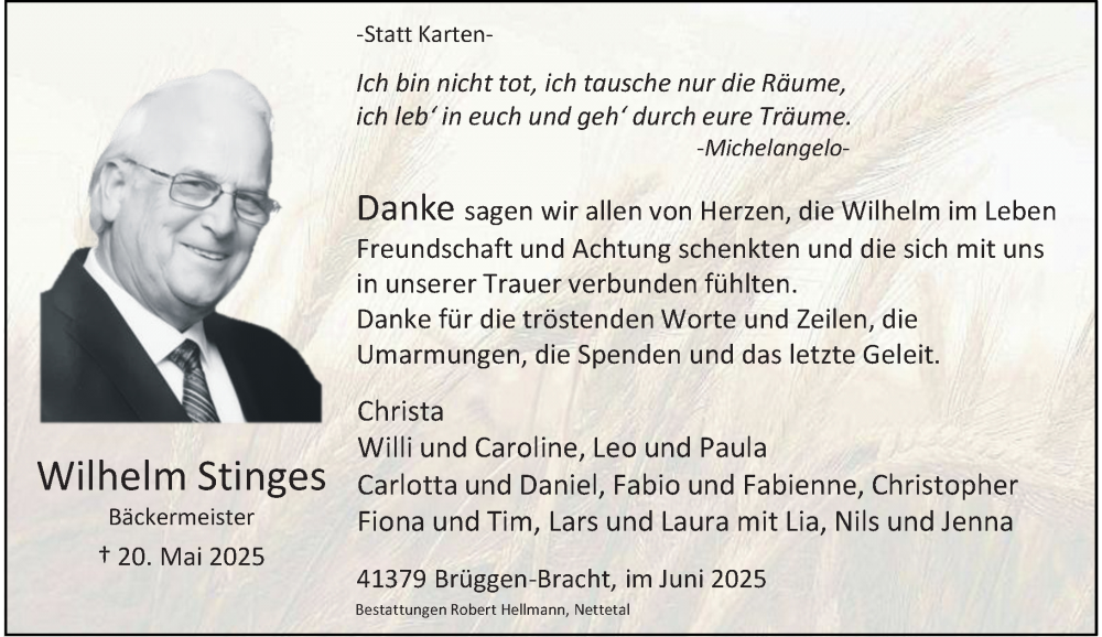  Traueranzeige für Wilhelm Stinges vom 21.06.2025 aus Rheinische Post
