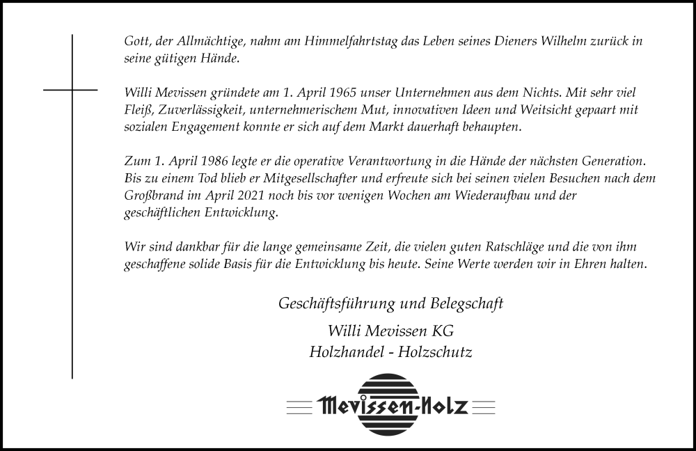  Traueranzeige für Willi Mevissen vom 07.06.2025 aus Rheinische Post