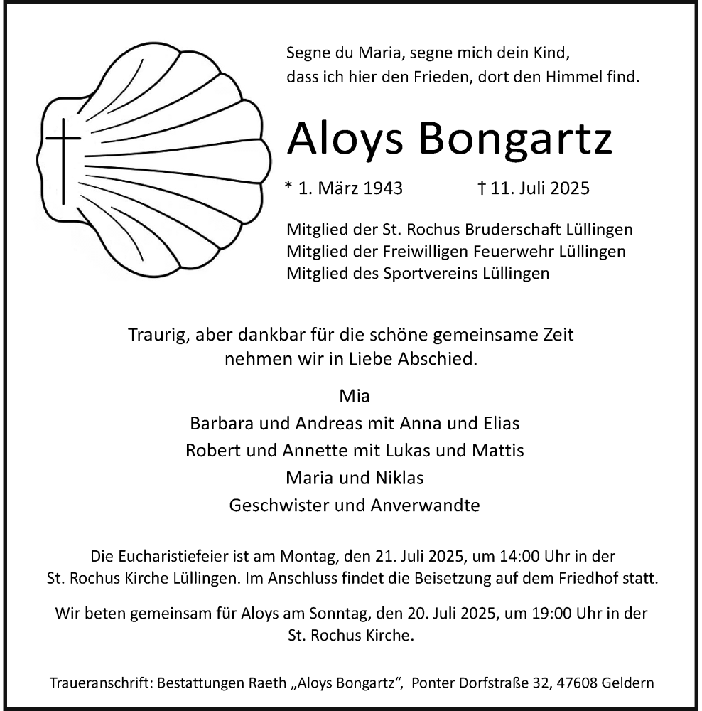  Traueranzeige für Aloys Bongartz vom 16.07.2025 aus Rheinische Post