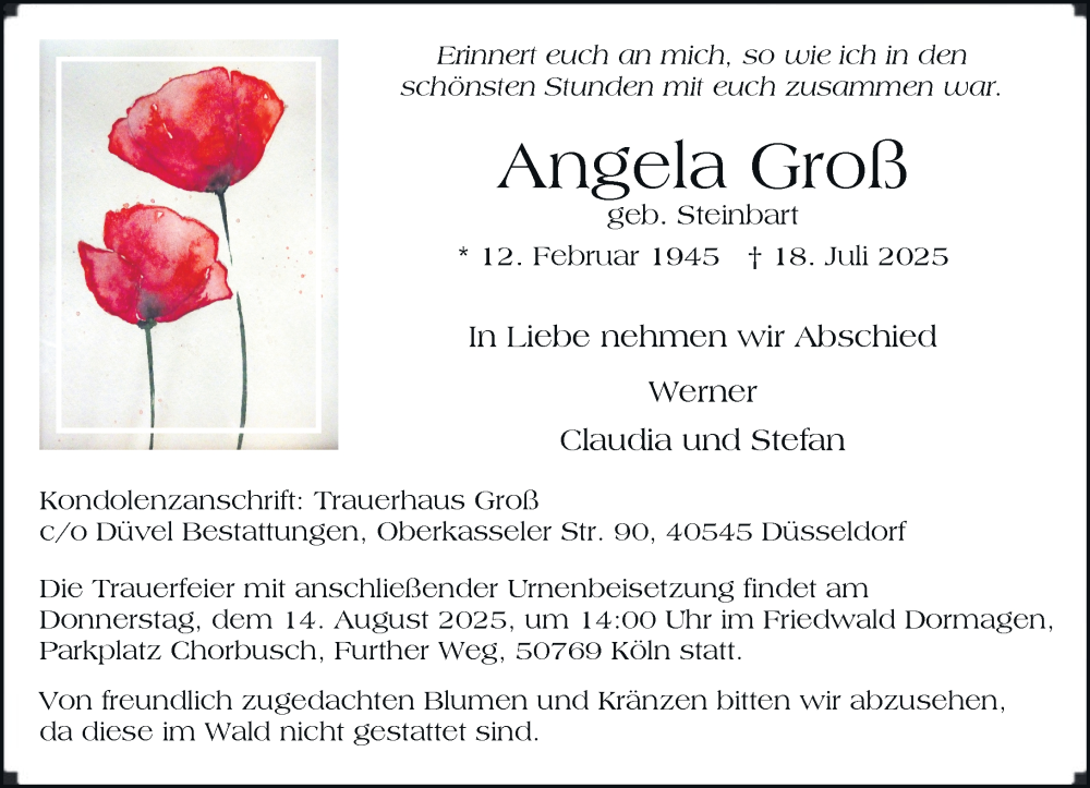  Traueranzeige für Angela Groß vom 26.07.2025 aus Rheinische Post