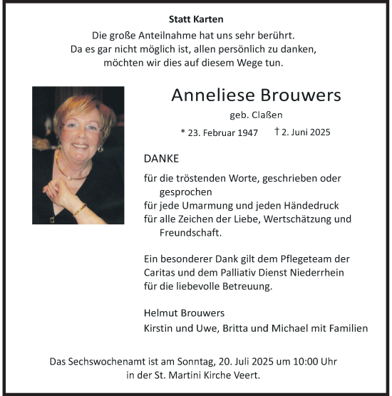 Traueranzeige von Anneliese Brouwers von Rheinische Post