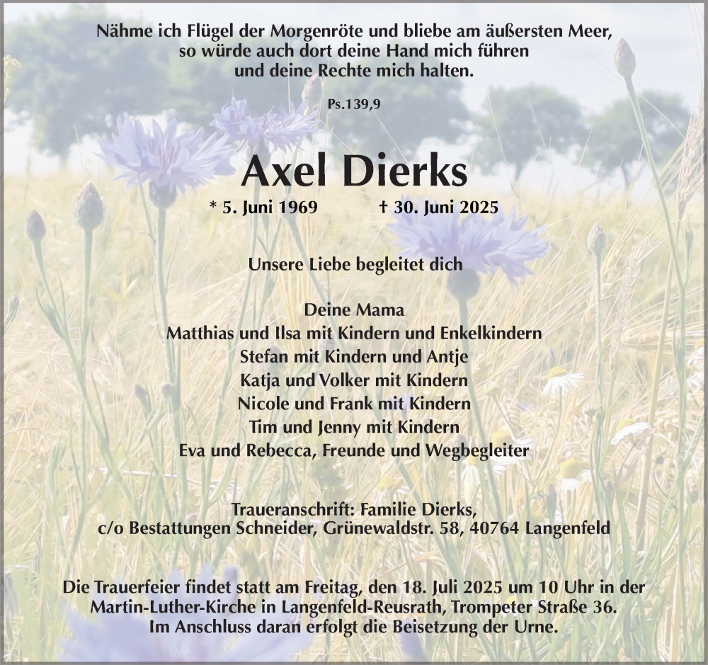  Traueranzeige für Axel Dierks vom 12.07.2025 aus Rheinische Post