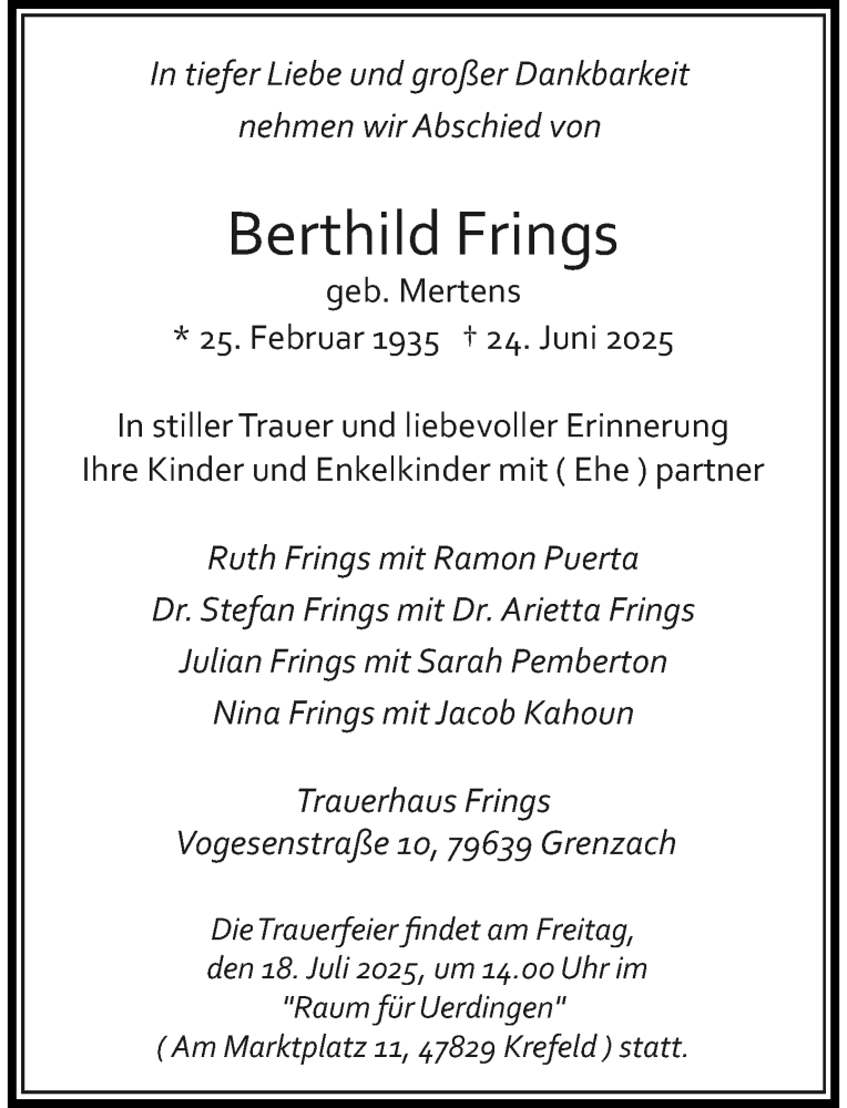  Traueranzeige für Berthild Frings vom 12.07.2025 aus Rheinische Post