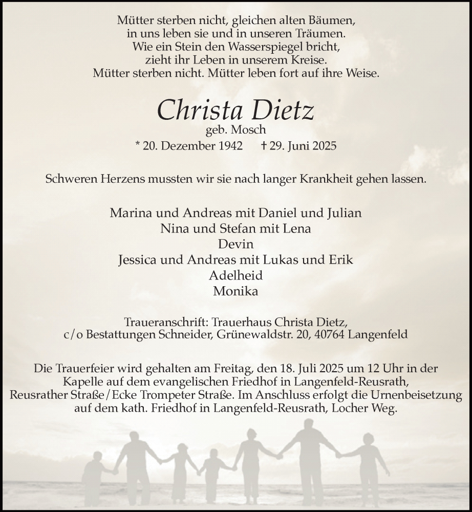  Traueranzeige für Christa Dietz vom 12.07.2025 aus Rheinische Post