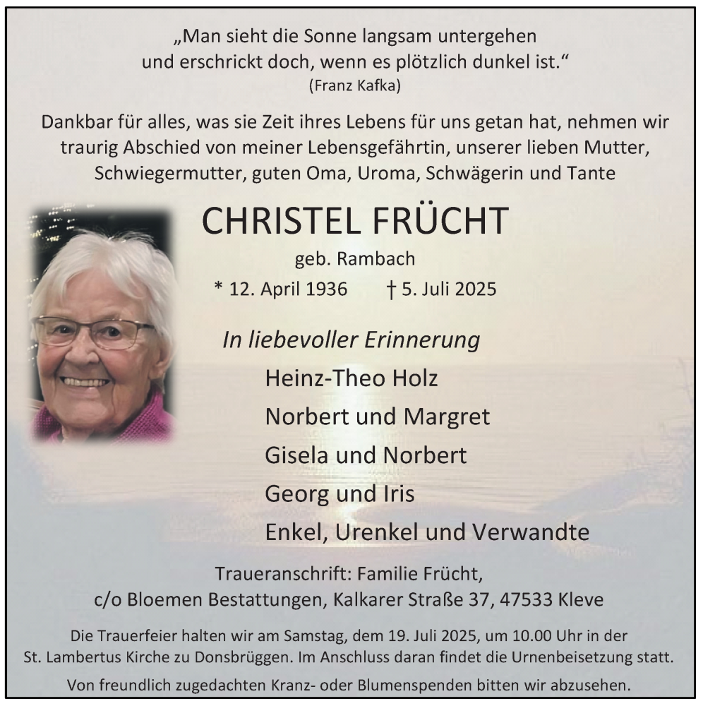 Traueranzeige für Christel Frücht vom 12.07.2025 aus Rheinische Post