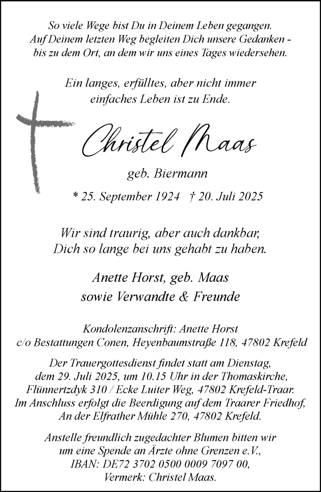  Traueranzeige für Christel Maas vom 26.07.2025 aus Rheinische Post