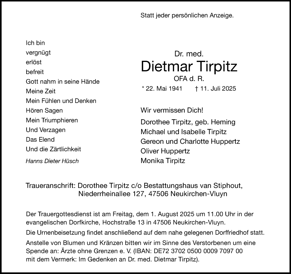  Traueranzeige für Dietmar Tirpitz vom 26.07.2025 aus Rheinische Post
