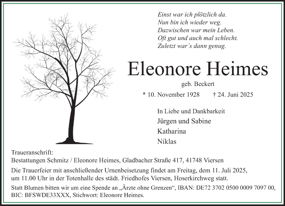  Traueranzeige für Eleonore Heimes vom 05.07.2025 aus Rheinische Post