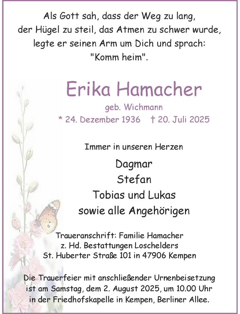  Traueranzeige für Erika Hamacher vom 26.07.2025 aus Rheinische Post