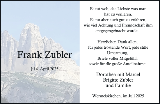Traueranzeige von Frank Zubler von Rheinische Post
