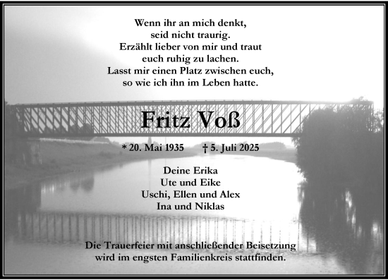 Traueranzeige von Fritz Voß von Rheinische Post
