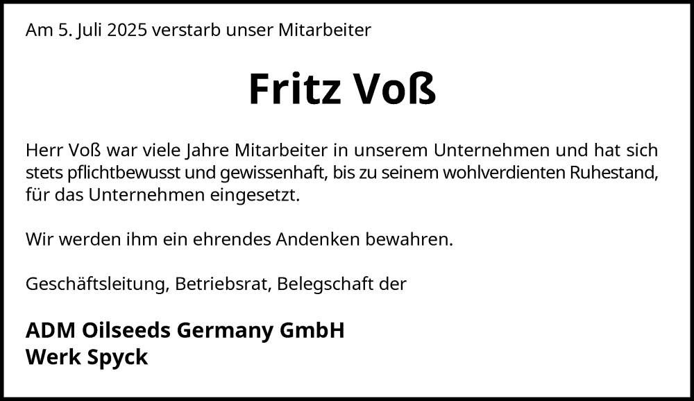  Traueranzeige für Fritz Voß vom 30.07.2025 aus Rheinische Post