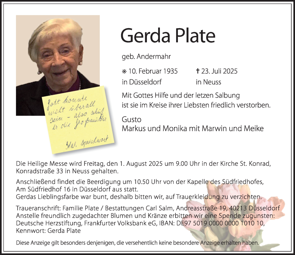  Traueranzeige für Gerda Plate vom 30.07.2025 aus Rheinische Post