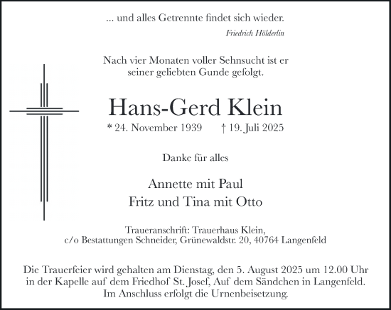 Traueranzeige von Hans-Gerd Klein von Rheinische Post