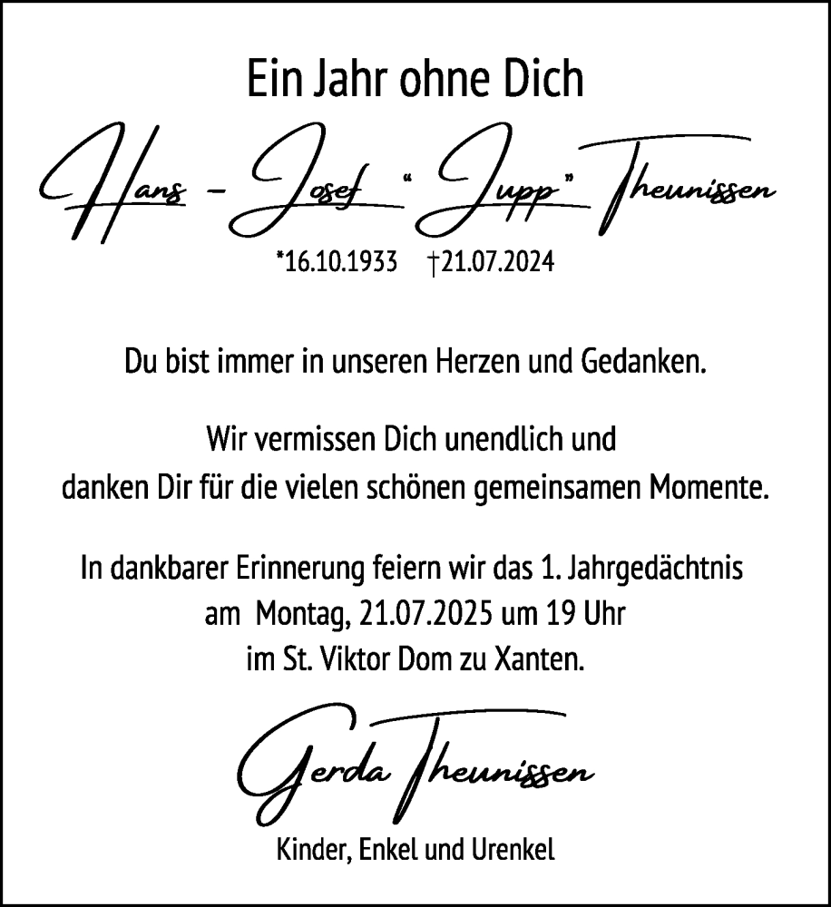  Traueranzeige für Hans-Josef Theunissen vom 19.07.2025 aus Rheinische Post