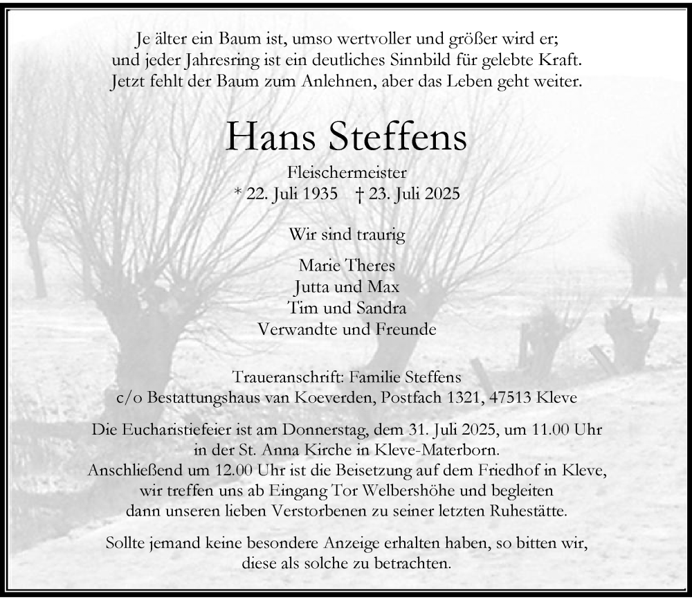  Traueranzeige für Hans Steffens vom 26.07.2025 aus Rheinische Post