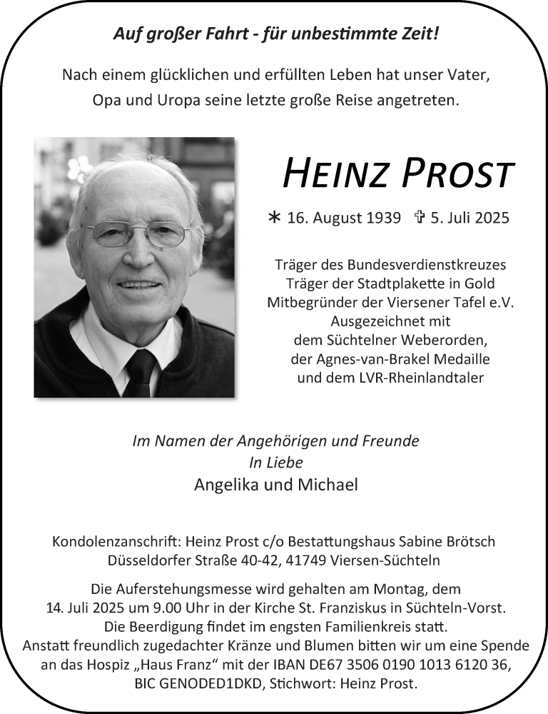  Traueranzeige für Heinz Prost vom 12.07.2025 aus Rheinische Post